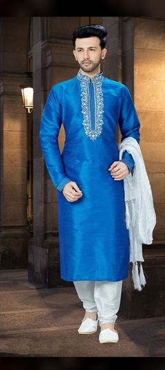 1528262: Blue color Kurta Pyjamas in Bangalore Silk fabric with Embroidered, Resham, Thread work