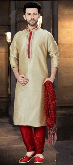 1528303: Beige and Brown color Kurta Pyjamas in Art Dupion Silk fabric with Resham, Thread work