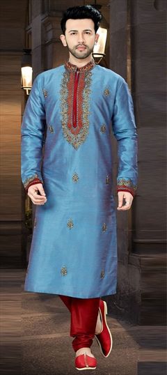 1528335: Blue color Kurta Pyjamas in Art Dupion Silk fabric with Embroidered, Thread, Zari work
