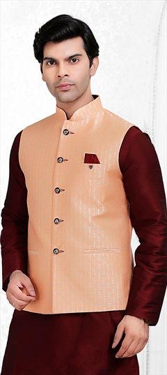 1528555: Orange color Nehru Jacket in Jacquard fabric with Weaving work