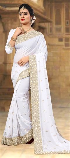 Designer, Party Wear White and Off White color Saree in Georgette fabric with Embroidered, Moti, Stone, Thread, Zari work : 1528777