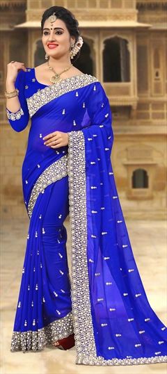 1528779: Wedding Blue color Saree in Georgette fabric with Embroidered, Moti, Stone, Thread, Zari work