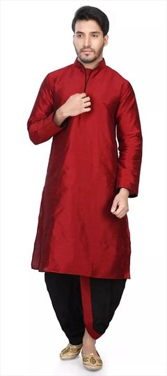 Red and Maroon color Dhoti Kurta in Art Dupion Silk fabric with Embroidered work : 1529406