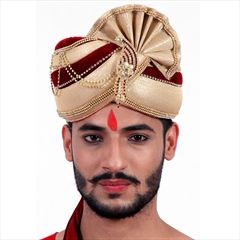 1529774: Beige and Brown, Red and Maroon color Turban in Jute, Velvet fabric with Broches, Stone work