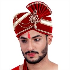 1529776: Red and Maroon color Turban in Velvet fabric with Broches, Stone work