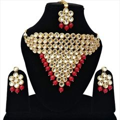 1530420: Red and Maroon color Necklace in Metal Alloy studded with CZ Diamond, Kundan & Gold Rodium Polish
