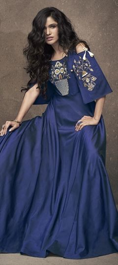 1531390: Party Wear Blue color Gown in Taffeta Silk fabric with Embroidered, Thread, Zari work