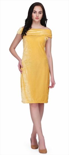 1531413: Party Wear Yellow color Dress in Lycra, Velvet fabric with Thread work