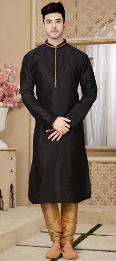 1532224: Black and Grey color Kurta Pyjamas in Art Dupion Silk fabric with Lace work