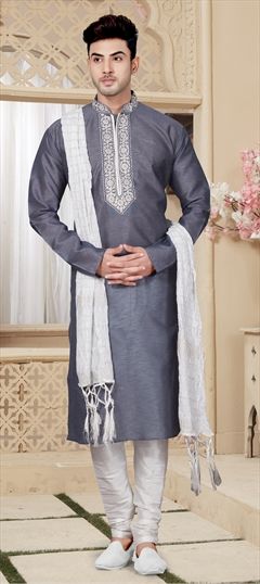 1532233: Black and Grey color Kurta Pyjamas in Art Dupion Silk fabric with Embroidered, Resham, Stone, Thread work