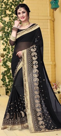 Party Wear Black and Grey color Saree in Georgette fabric with Classic Embroidered, Thread, Zari work : 1532349