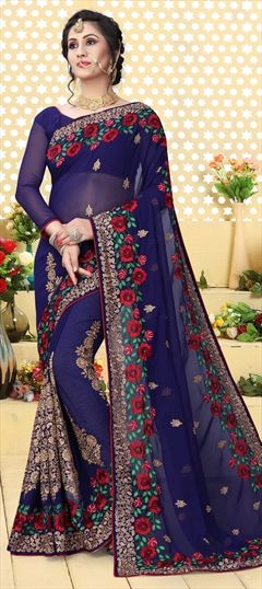 Party Wear Blue color Saree in Georgette fabric with Classic Embroidered, Resham, Thread, Zari work : 1532353