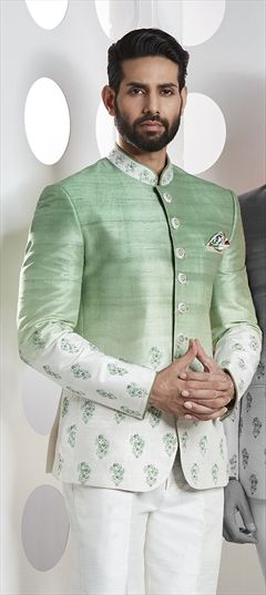 1532385: Green, White and Off White color Jodhpuri Suit in Silk fabric with Embroidered, Thread work