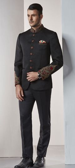 Black and Grey color Jodhpuri Suit in Jute, Linen fabric with Embroidered, Thread work : 1532398
