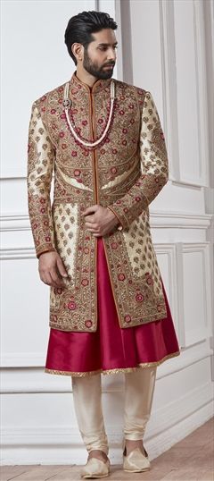 Beige and Brown, Red and Maroon color Sherwani in Silk fabric with Embroidered, Thread, Zardozi work : 1532469