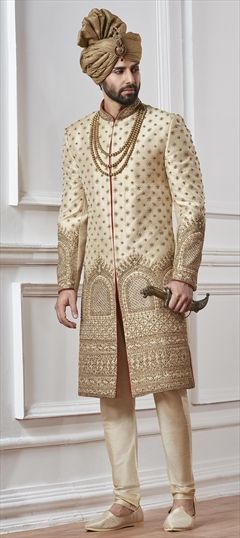 Beige and Brown color Sherwani in Silk fabric with Embroidered, Thread, Zardozi, Zari work : 1532483
