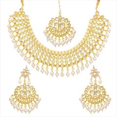 1533366: White and Off White color Necklace in Metal Alloy studded with Beads, CZ Diamond, Kundan & Gold Rodium Polish