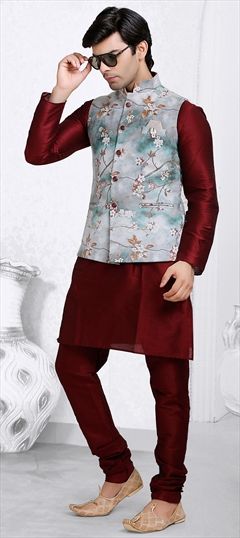 Red and Maroon color Kurta Pyjama with Jacket in Art Silk fabric with Thread work : 1533624