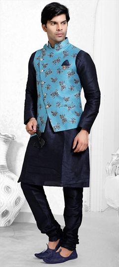 Blue color Kurta Pyjama with Jacket in Art Silk fabric with Thread work : 1533635