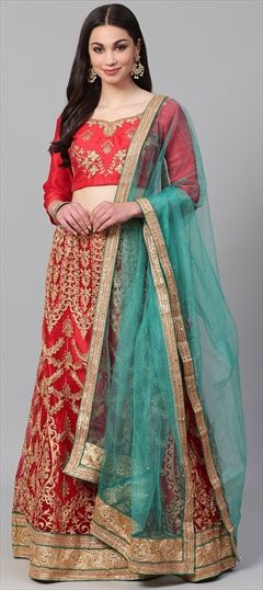 Mehendi Sangeet Red and Maroon color Lehenga in Net fabric with Border, Embroidered, Stone, Thread, Zari work : 1535619