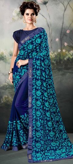 1536008: Party Wear Blue color Saree in Georgette fabric with Embroidered, Resham, Stone, Thread work