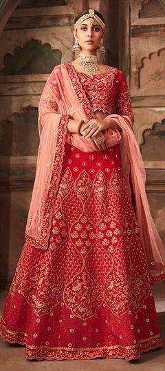1536206: Bridal Red and Maroon color Lehenga in Banarasi Silk fabric with Embroidered, Resham, Stone, Thread, Zari work