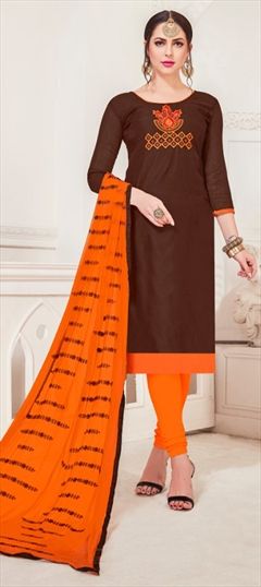 1537082: Casual Beige and Brown color Salwar Kameez in Silk cotton fabric with Straight Embroidered, Resham, Thread work