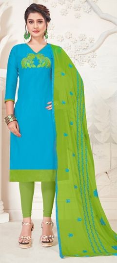 1537084: Casual Blue color Salwar Kameez in Silk cotton fabric with Straight Embroidered, Resham, Thread work
