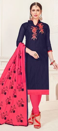 1537095: Casual Blue color Salwar Kameez in Silk cotton fabric with Straight Embroidered, Resham, Thread work