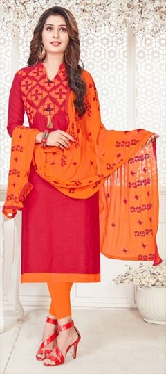 1537101: Casual Red and Maroon color Salwar Kameez in Cotton fabric with Straight Embroidered, Resham, Thread work