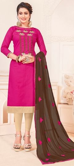 1537657: Casual Pink and Majenta color Salwar Kameez in Cotton fabric with Straight Embroidered, Resham, Thread work