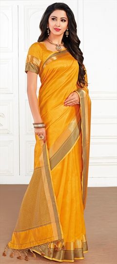 1537671: Traditional Gold color Saree in Silk, Tussar Silk fabric with South Thread work