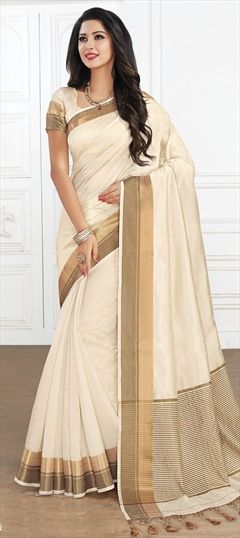 Traditional White and Off White color Saree in Silk, Tussar Silk fabric with Thread work : 1537673
