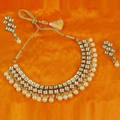 1537827: Beige and Brown, White and Off White color Necklace in Metal Alloy studded with Beads, CZ Diamond, Kundan & Gold Rodium Polish