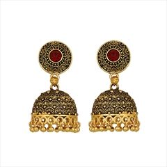 1538689: Red and Maroon color Earrings in Brass studded with Beads & Gold Rodium Polish