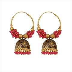 1538705: Pink and Majenta color Earrings in Brass studded with Beads & Gold Rodium Polish