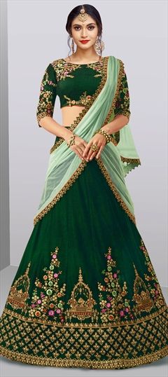 Mehendi Sangeet Green color Lehenga in Taffeta Silk fabric with A Line Embroidered, Stone, Thread, Zari work : 1539257