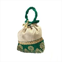1539275: Gold, Green color Potli in Jute, Velvet fabric with Lace, Sequence, Thread work