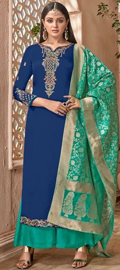 Party Wear Blue color Salwar Kameez in Satin Silk fabric with Palazzo Embroidered, Resham, Thread work : 1541104