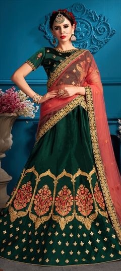 1541673: Mehendi Sangeet Green color Lehenga in Satin Silk fabric with Resham, Stone, Thread, Zari work