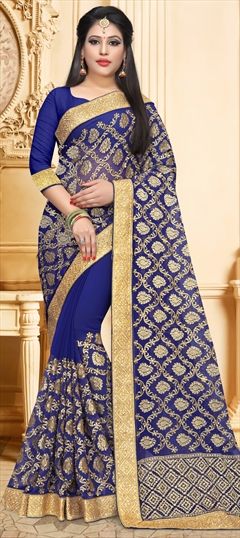1542309: Bridal Blue color Saree in Georgette fabric with Border, Embroidered, Stone, Thread, Zari work