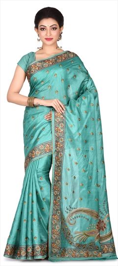 1543405: Traditional Blue color Saree in Banarasi Silk, Silk fabric with Thread work