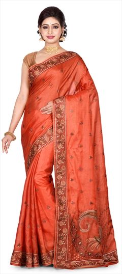 1543409: Traditional Orange color Saree in Banarasi Silk, Silk fabric with Thread work