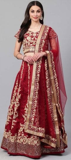 Mehendi Sangeet Red and Maroon color Lehenga in Raw Silk fabric with Embroidered, Sequence, Thread, Zari work : 1544145