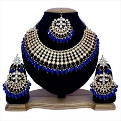 1546423: Blue, White and Off White color Necklace in Metal Alloy studded with Kundan & Gold Rodium Polish