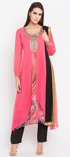 1547341: Party Wear Pink and Majenta color Salwar Kameez in Faux Georgette fabric with Asymmetrical Patch, Stone work