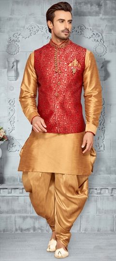 1547391: Beige and Brown, Red and Maroon color Dhoti Kurta with Jacket in Dupion Silk fabric with Broches work