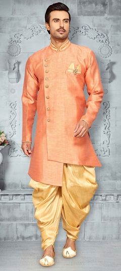 1547404: Orange color IndoWestern Dress in Mulberry Silk fabric with Broches work