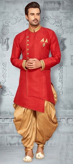 1547408: Red and Maroon color IndoWestern Dress in Dupion Silk fabric with Broches work
