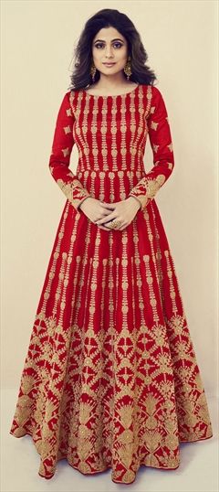 1547492: Bollywood Red and Maroon color Salwar Kameez in Art Silk fabric with Abaya, Anarkali Embroidered, Stone, Thread, Zari work